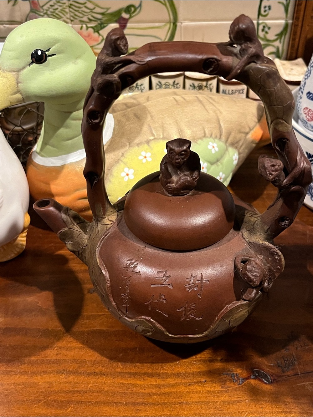 Vintage Chinese yixing teapot with monkeys